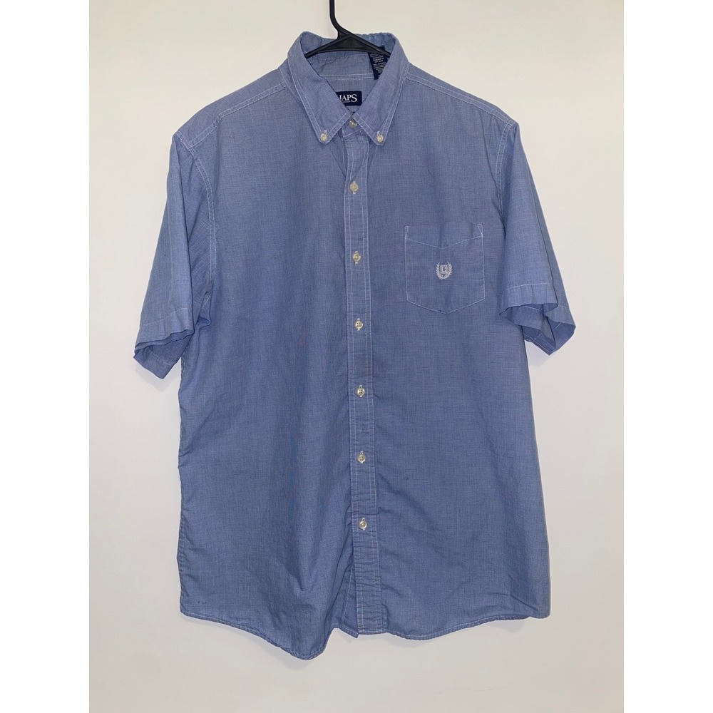 Chaps Mens Large Blue Micro Check Short Sleeve Button Down Shirt Easy Care